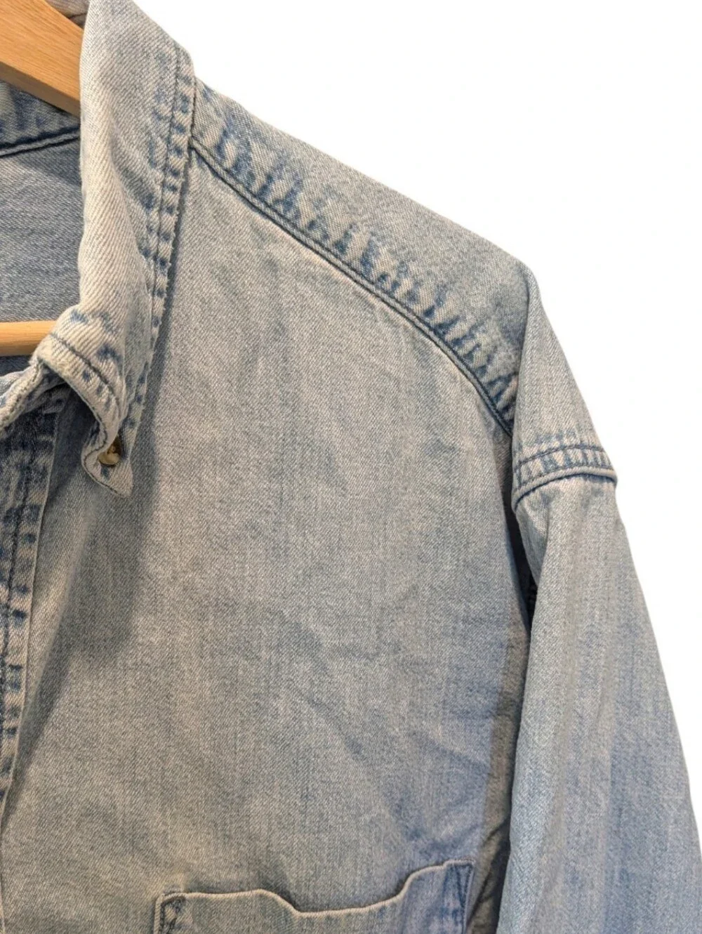 Vintage Eddie Bauer Chambray Denim Shirt 90s Grunge Workwear Faded Wash Large